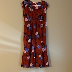 Time and Tru Rust Midi Dress with Blue and Pink Floral Pattern